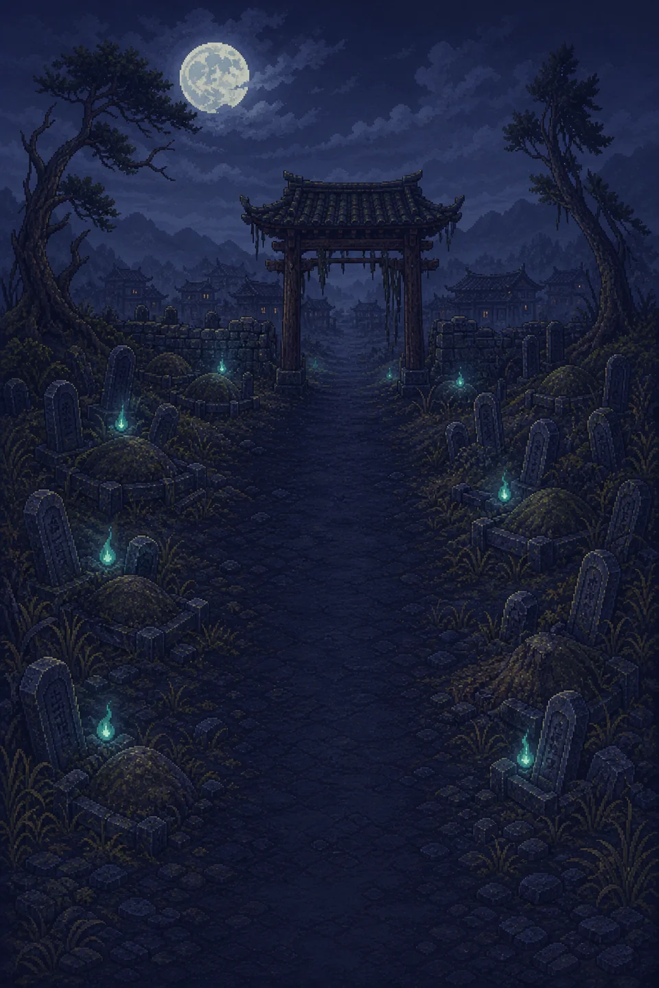 A moonlit village graveyard