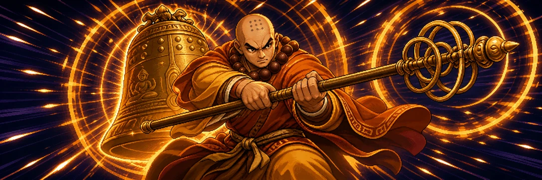 Monk Bao Shan swinging a war staff