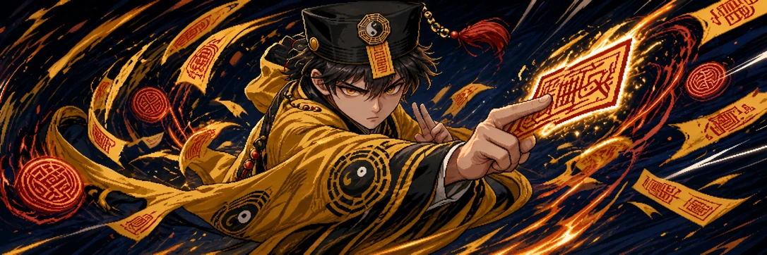 Priest Lin Zhen hurling a burning talisman